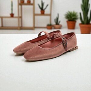 Zara Shoes Women's Size 37 Blush pink  Velvet Mary Jane Flats Square Toe Ballet